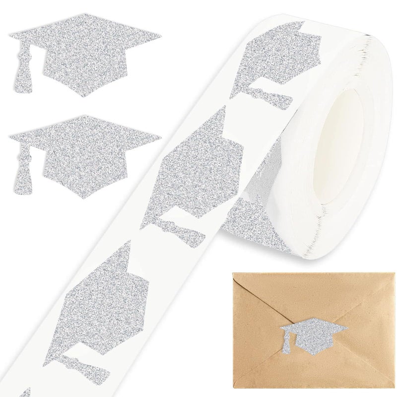 Whaline 600Pcs Graduation Cap Sticker Silver Laser Sealing Label Congrats Grad Hat Party Favor Self-Adhesive Sticker for College Graduation Party Supplies, 1.5 x 0.8 Inch - Image 1